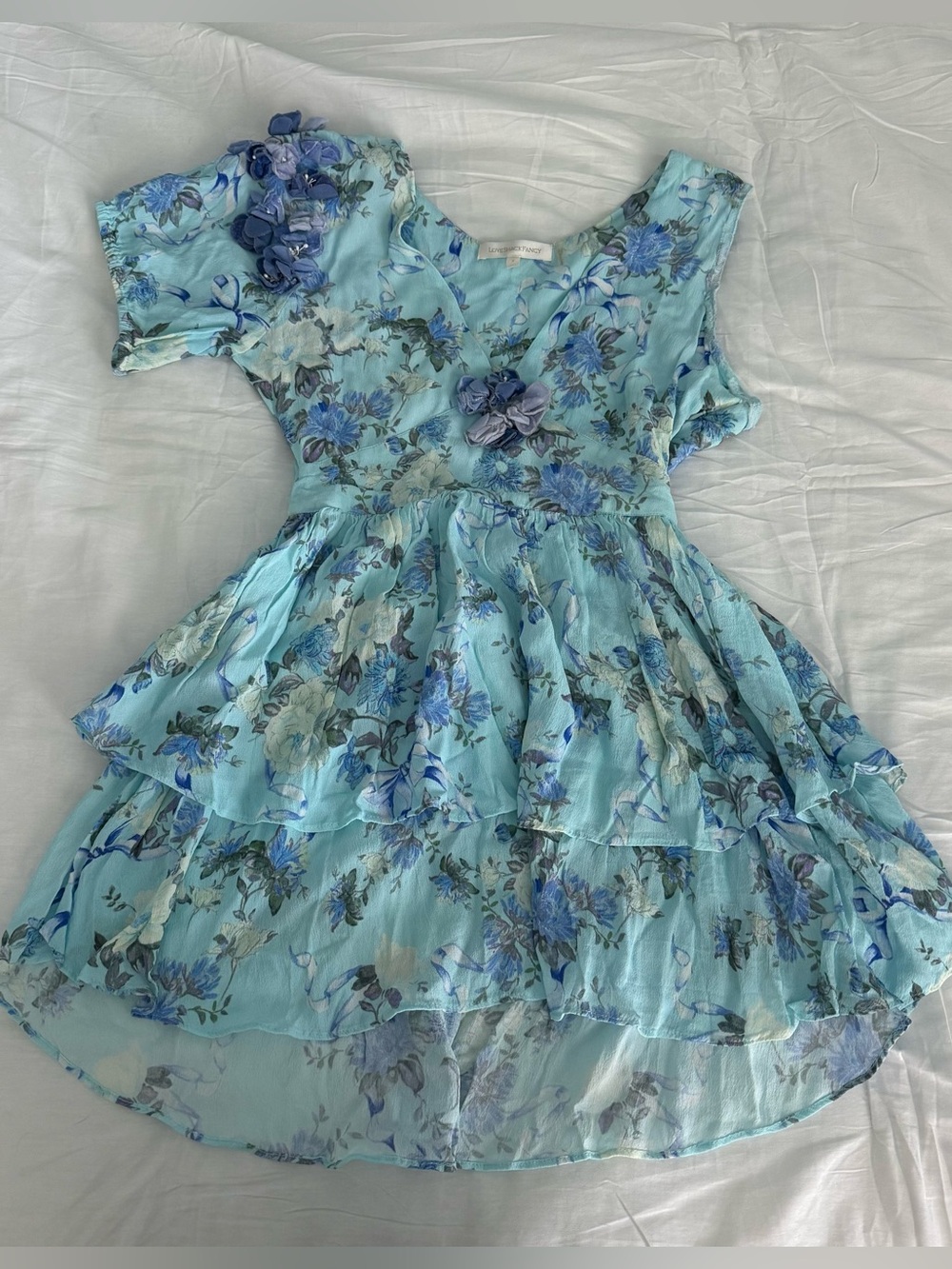 LoveShackFancy Powder Blue Floral Ruffle Mini Dress
